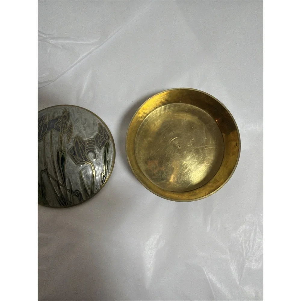 Brass Round Enamel Trinket Box Dish Flowers Iris Lid India Label